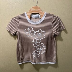 Women’s Large Alfred Dunner Brown Tan White Striped Floral Short Sleeve Shirt